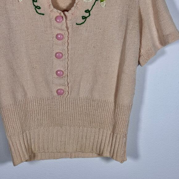 Vintage 1980s Cottage Core Sweater Pale Pink Green Floral Embroidery AS IS - Picture 6 of 15